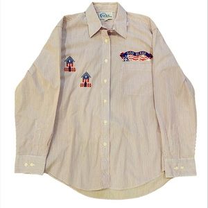 Mens Medium Las Olas Dress Shirt Red White Blue God Bless America July 4th Theme